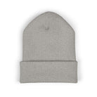 A gray knit cuffed beanie with a subtle embroidered coffee cup.