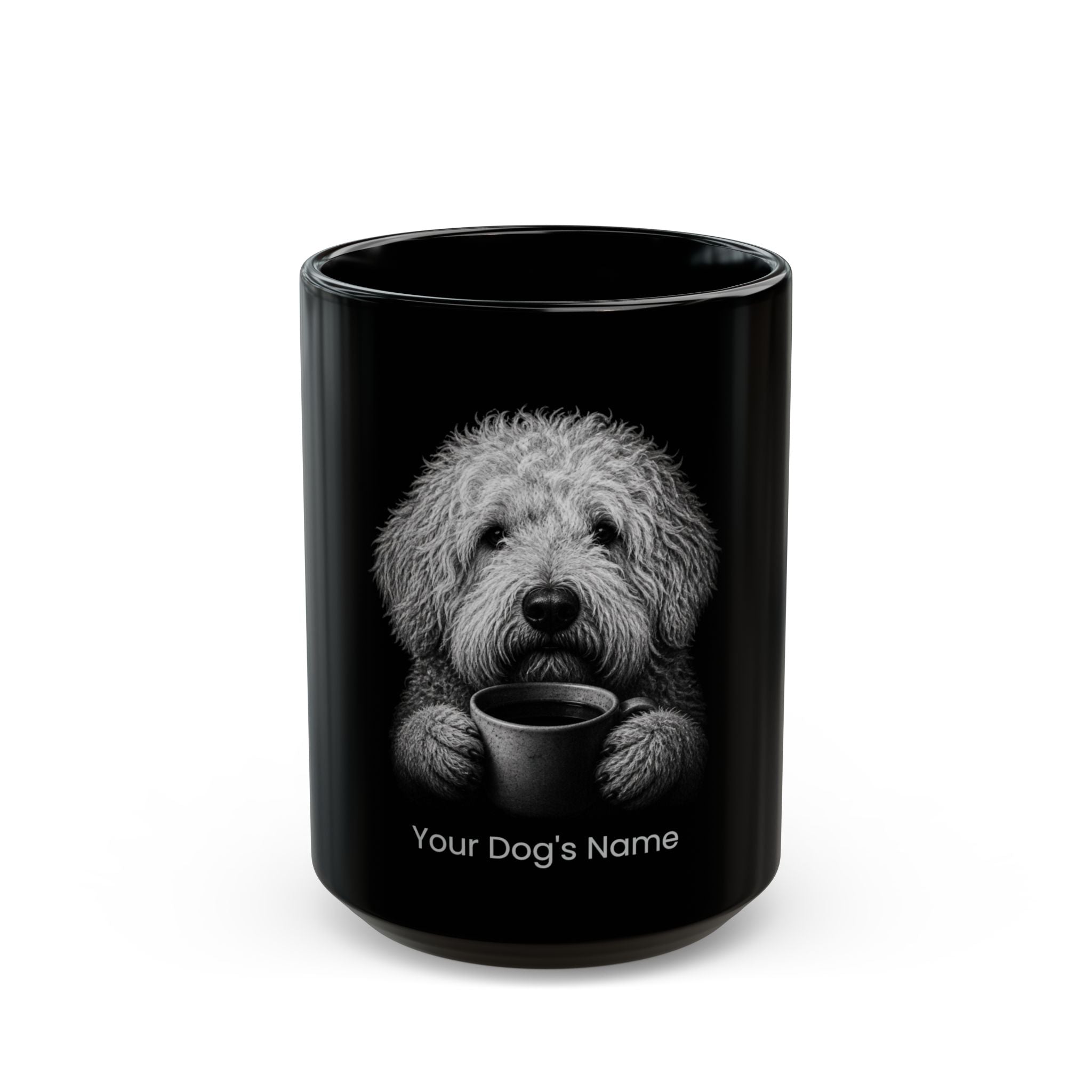 Personalized Komondor black ceramic coffee mug with custom dog name