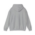 A plain gray hoodie with a hood and long sleeves, viewed from the back.