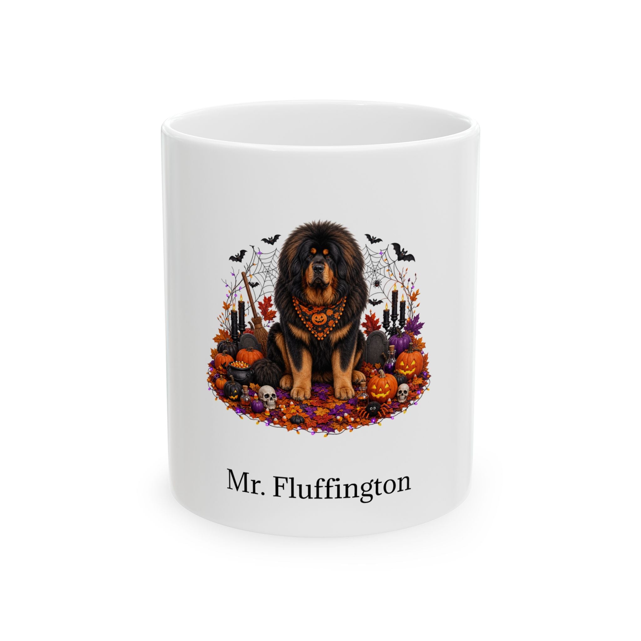 Personalized Tibetan Mastiff dog Halloween mug, 11oz white ceramic, with custom pet name on front