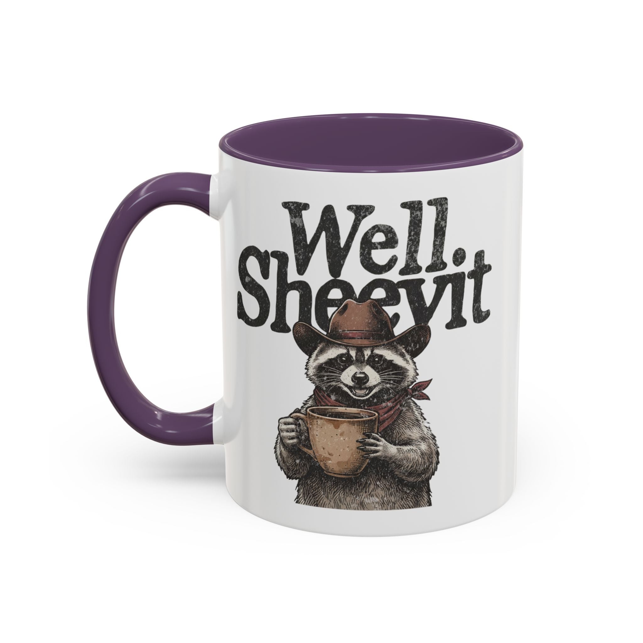 White ceramic mug with a purple handle and rim, featuring a raccoon in a cowboy hat holding a mug.