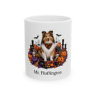 White Shetland Sheepdog dog Halloween mug with custom pet name and spooky fall artwork — image 1
