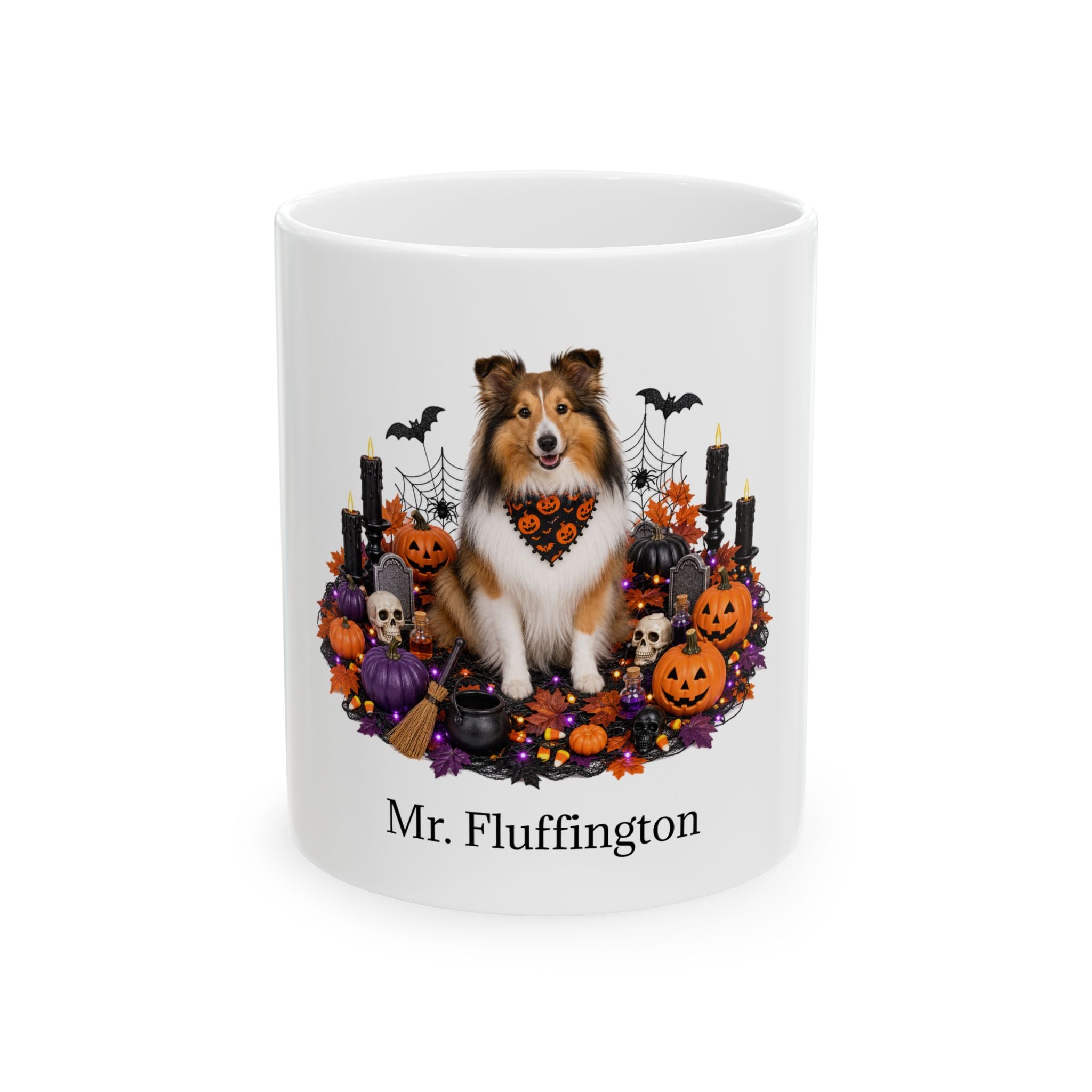White Shetland Sheepdog dog Halloween mug with custom pet name and spooky fall artwork — image 1
