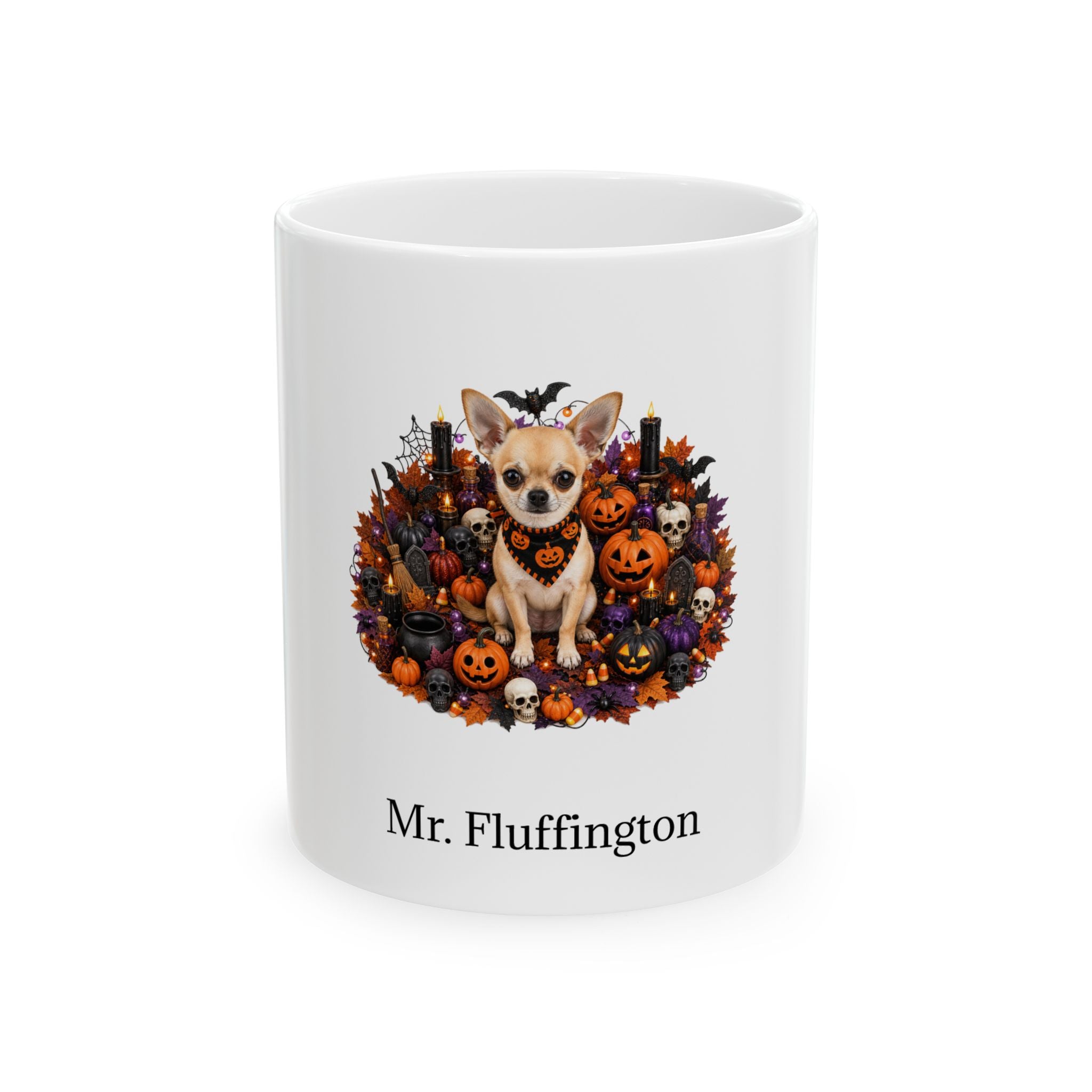 Personalized Chihuahua dog Halloween mug, 11oz white ceramic, with custom pet name on front