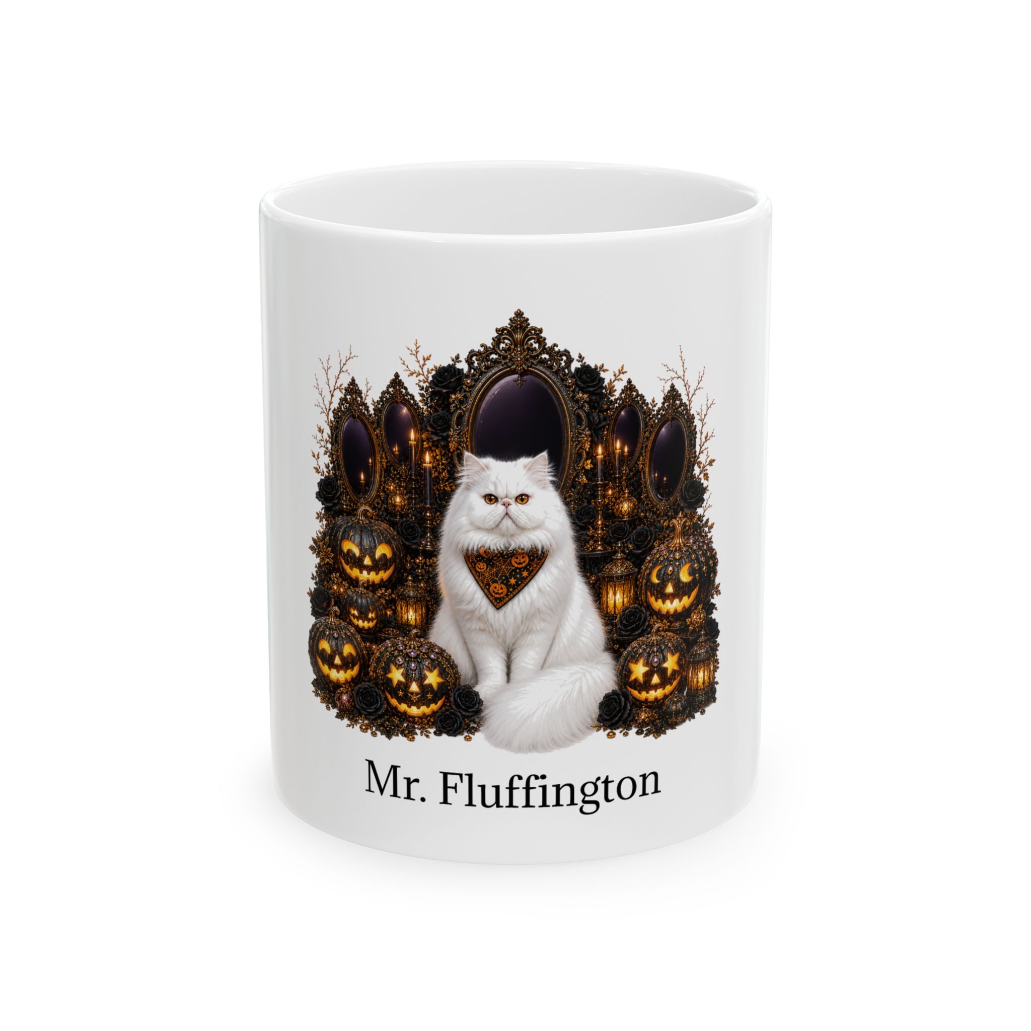 Personalized Persian cat ceramic coffee mug with Halloween artwork and custom name — image 2