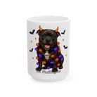 Personalized Staffordshire Terrier dog Halloween mug, 11oz white ceramic, with custom pet name on front