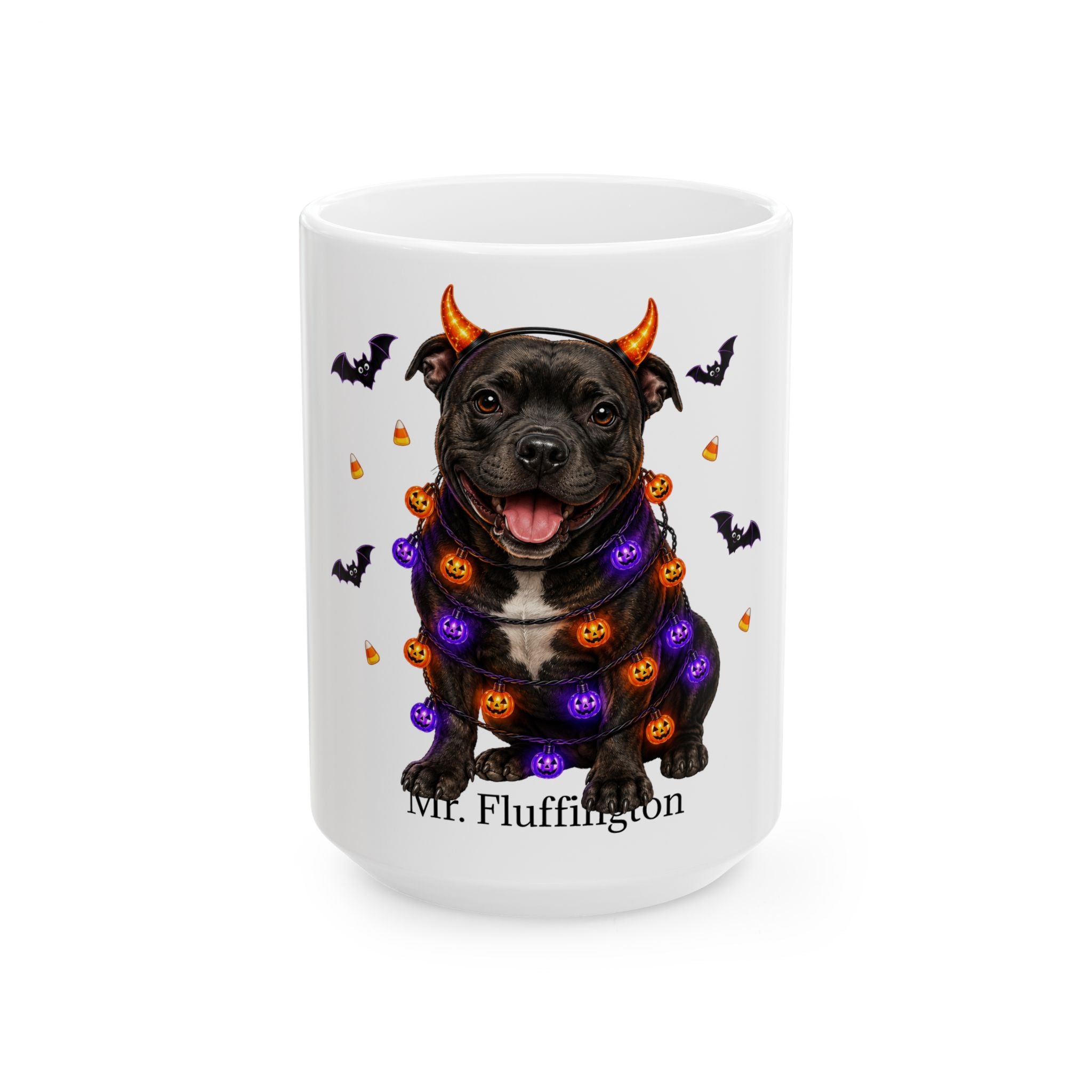 Personalized Staffordshire Terrier dog Halloween mug, 11oz white ceramic, with custom pet name on front