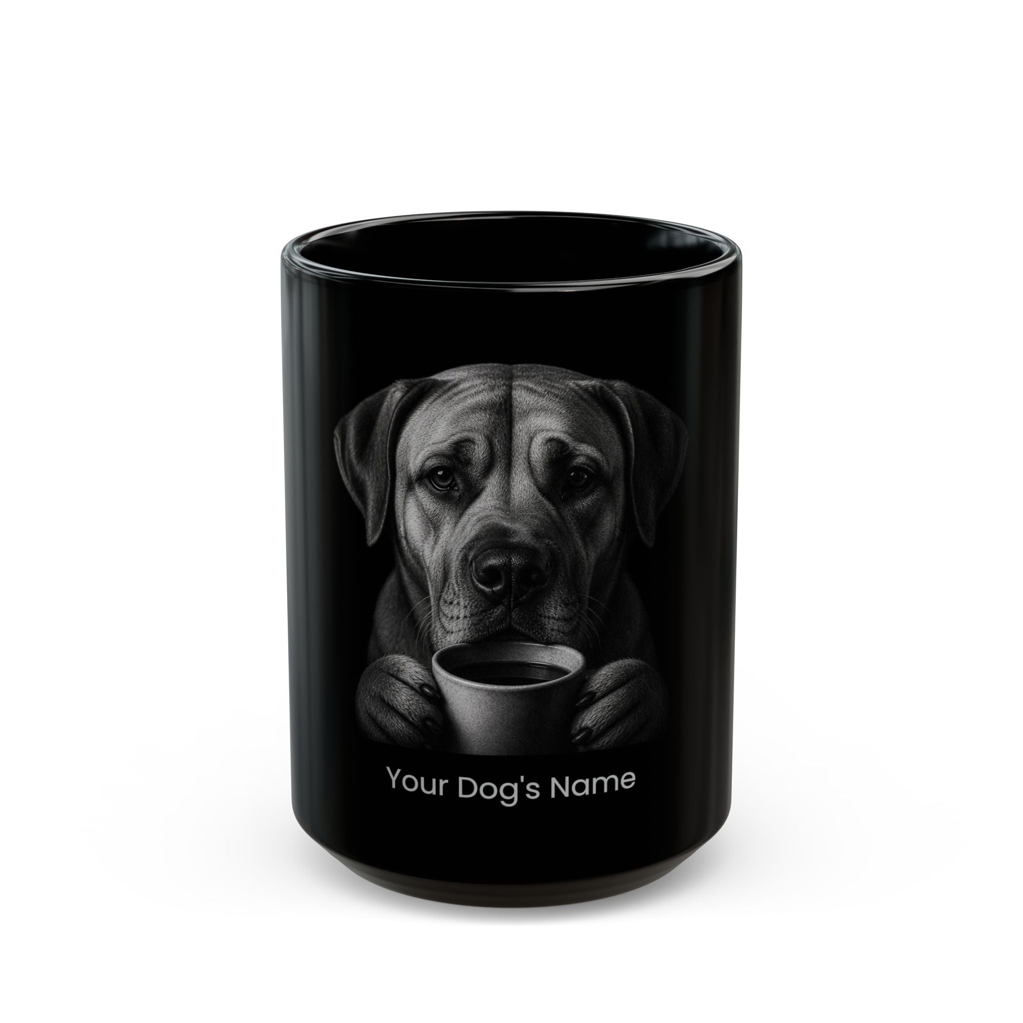 Personalized Tosa Inu black ceramic coffee mug with custom dog name