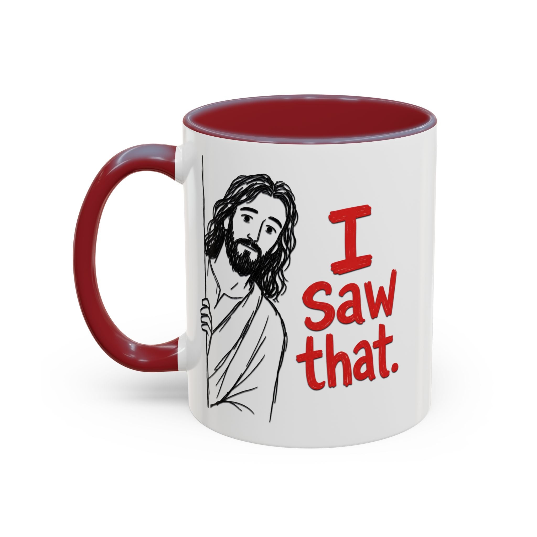 White ceramic coffee mug with a red handle and interior, featuring a drawing of Jesus peeking.