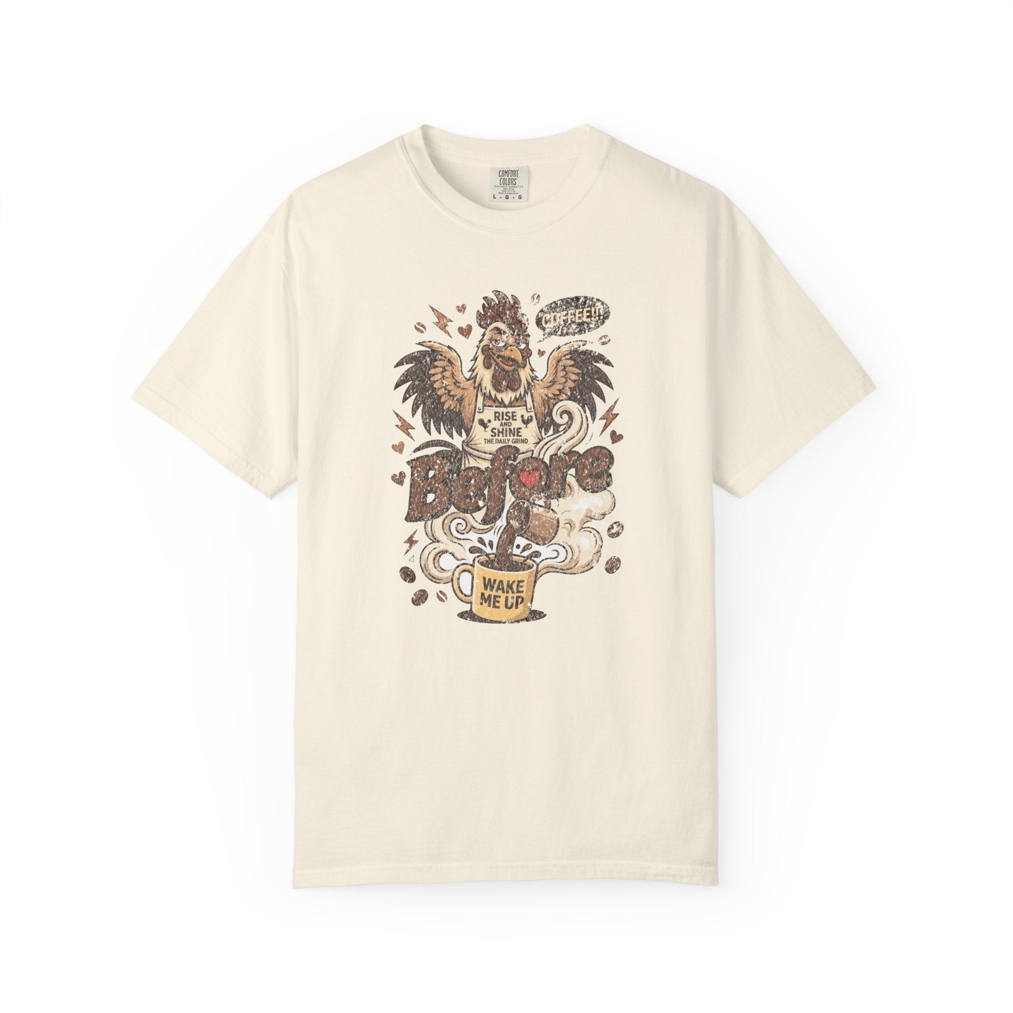 Cream-colored unisex t-shirt featuring a distressed graphic of a rooster drinking coffee.