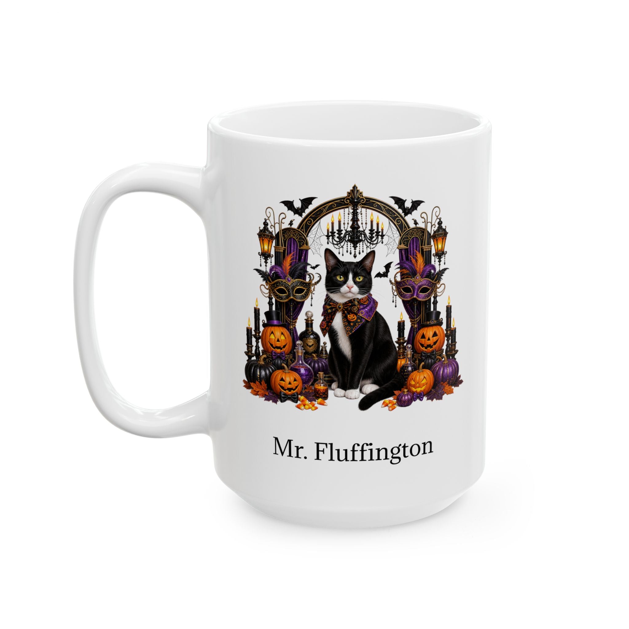 Personalized Tuxedo Cat Halloween Mug – Custom Pet Name Gift