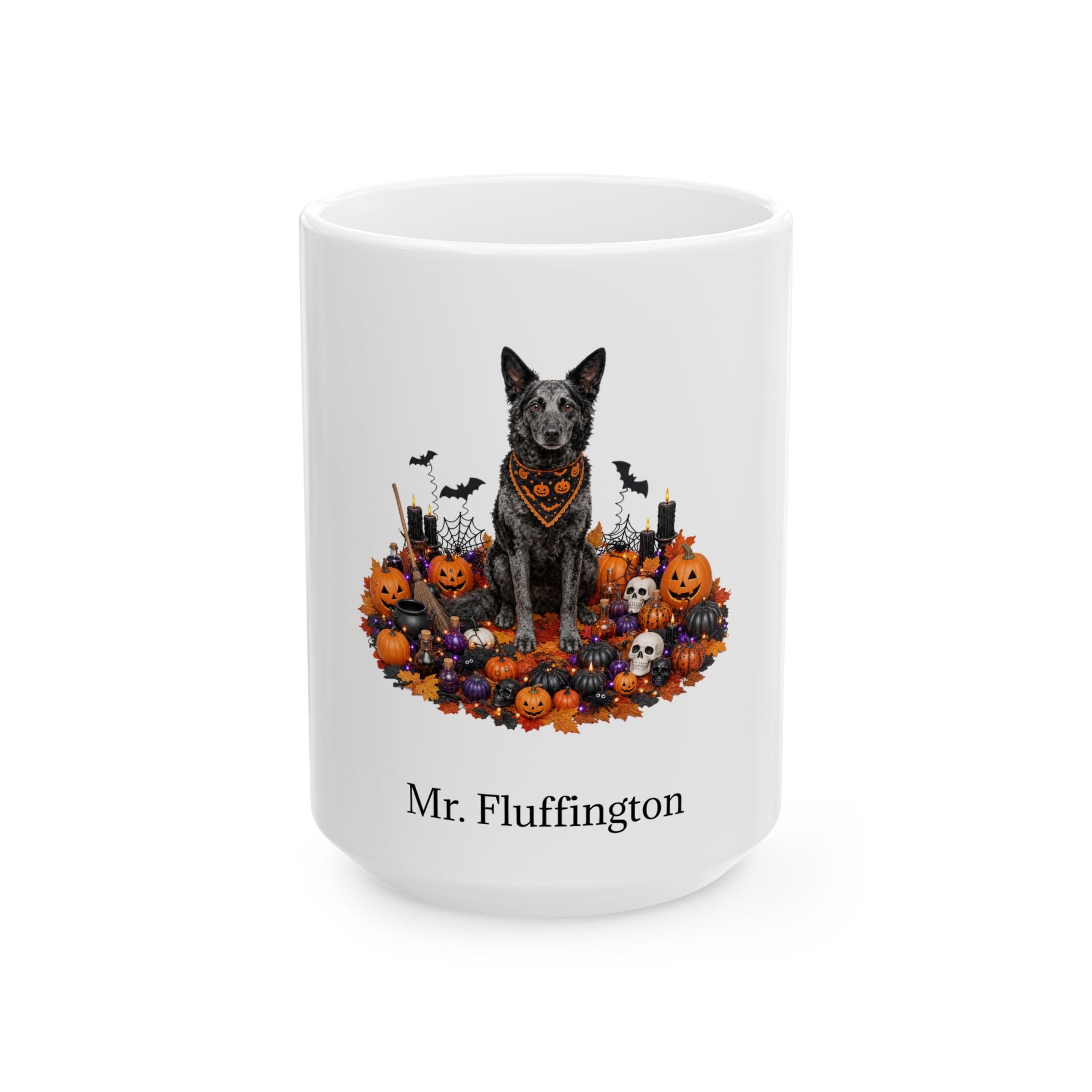 Personalized Mudi dog Halloween mug, 15oz white ceramic, with custom pet name on front