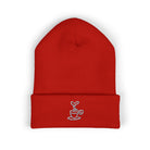 Red cuffed beanie with a white embroidered coffee cup design.