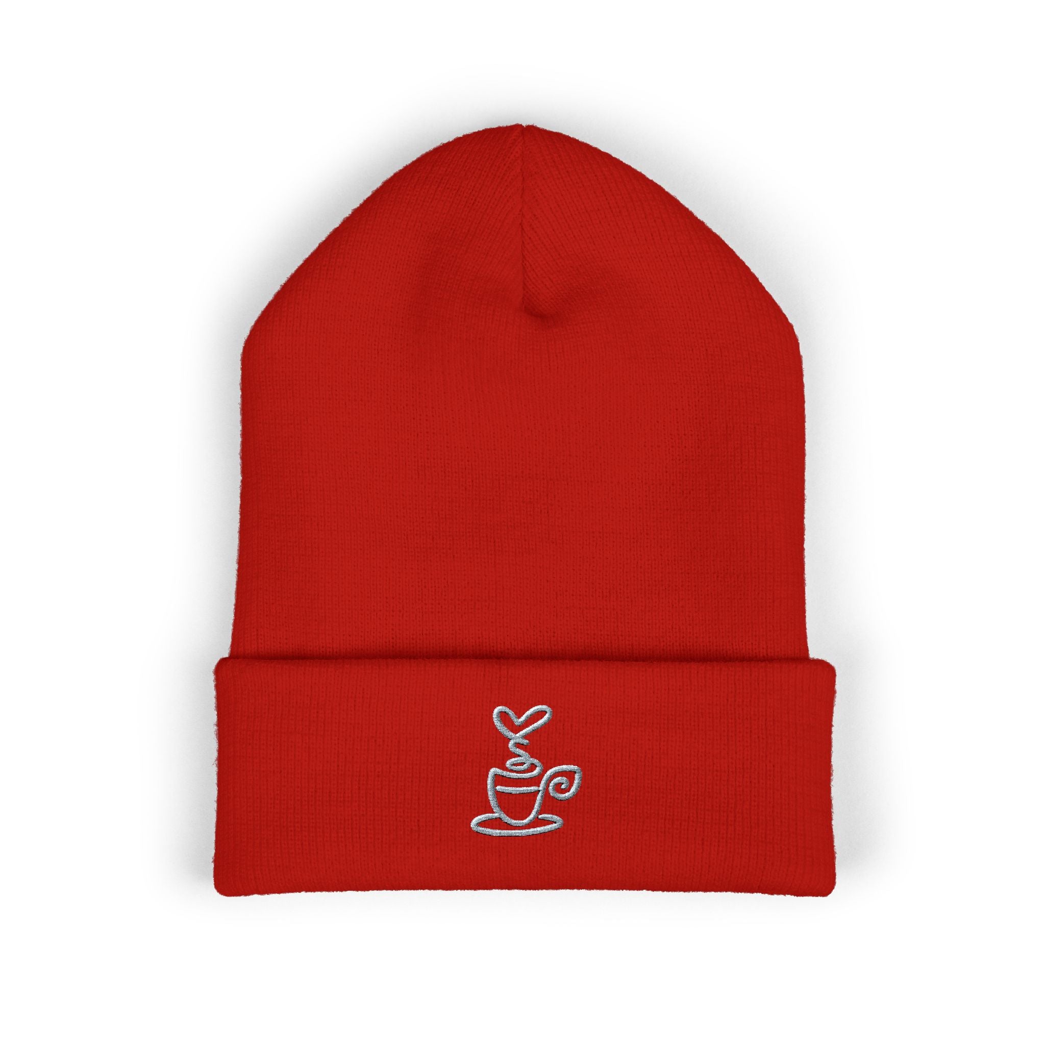 Red cuffed beanie with a white embroidered coffee cup design.