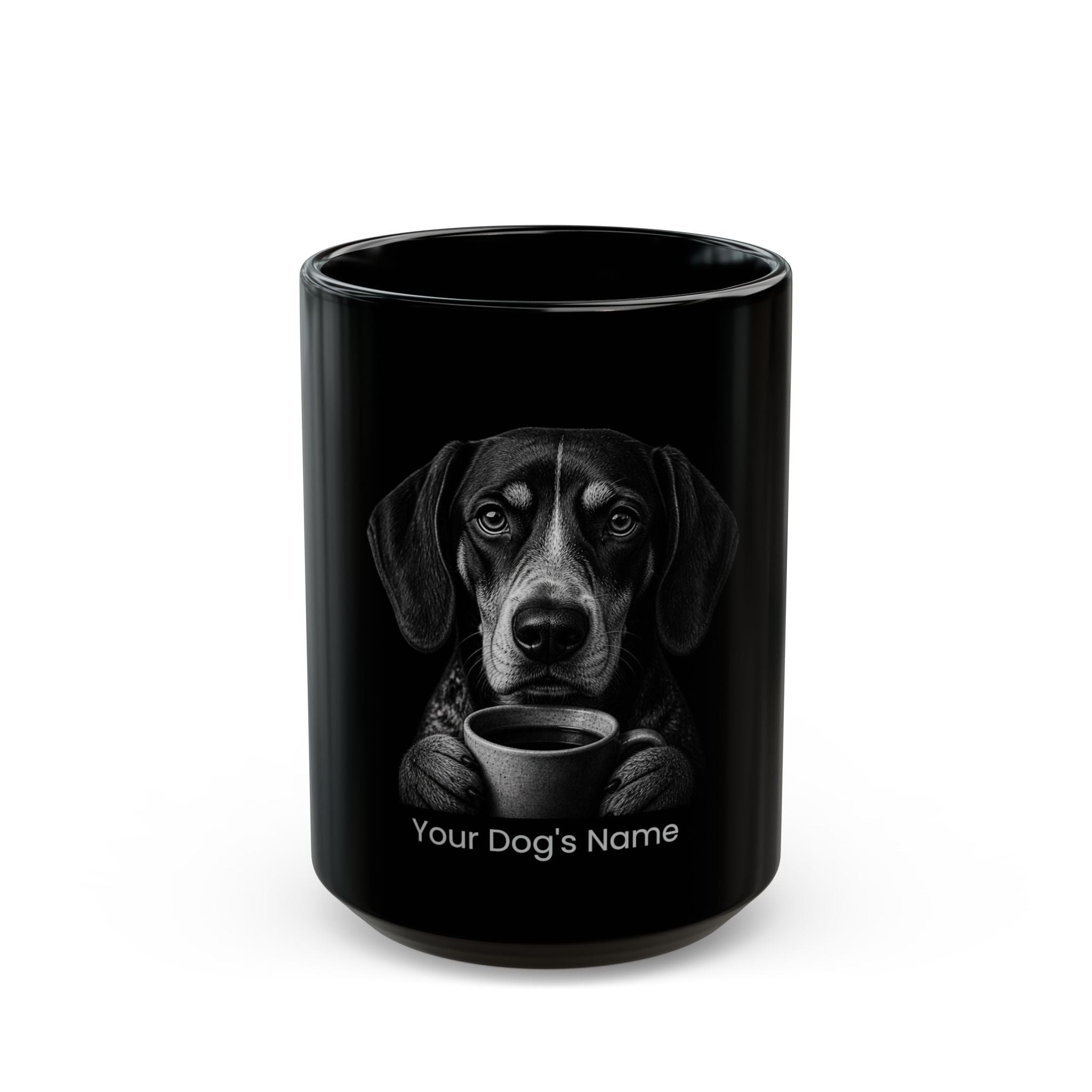 Personalized Bluetick Coonhound black ceramic coffee mug with custom dog name