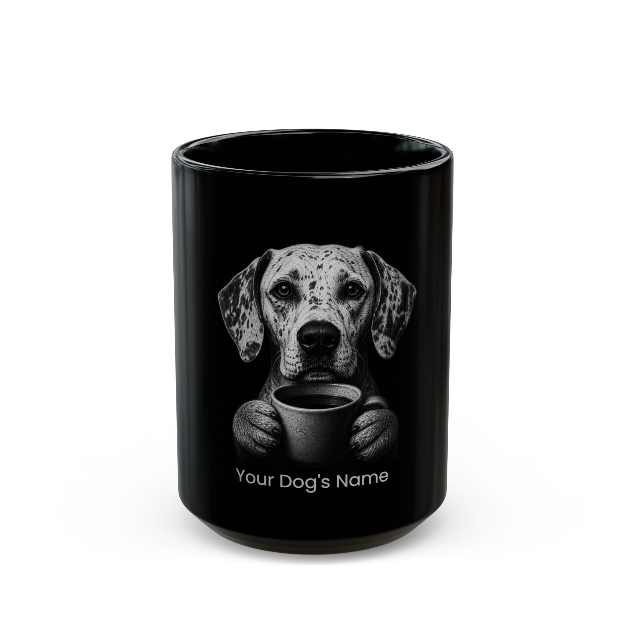 Personalized Pointer black ceramic coffee mug with custom dog name
