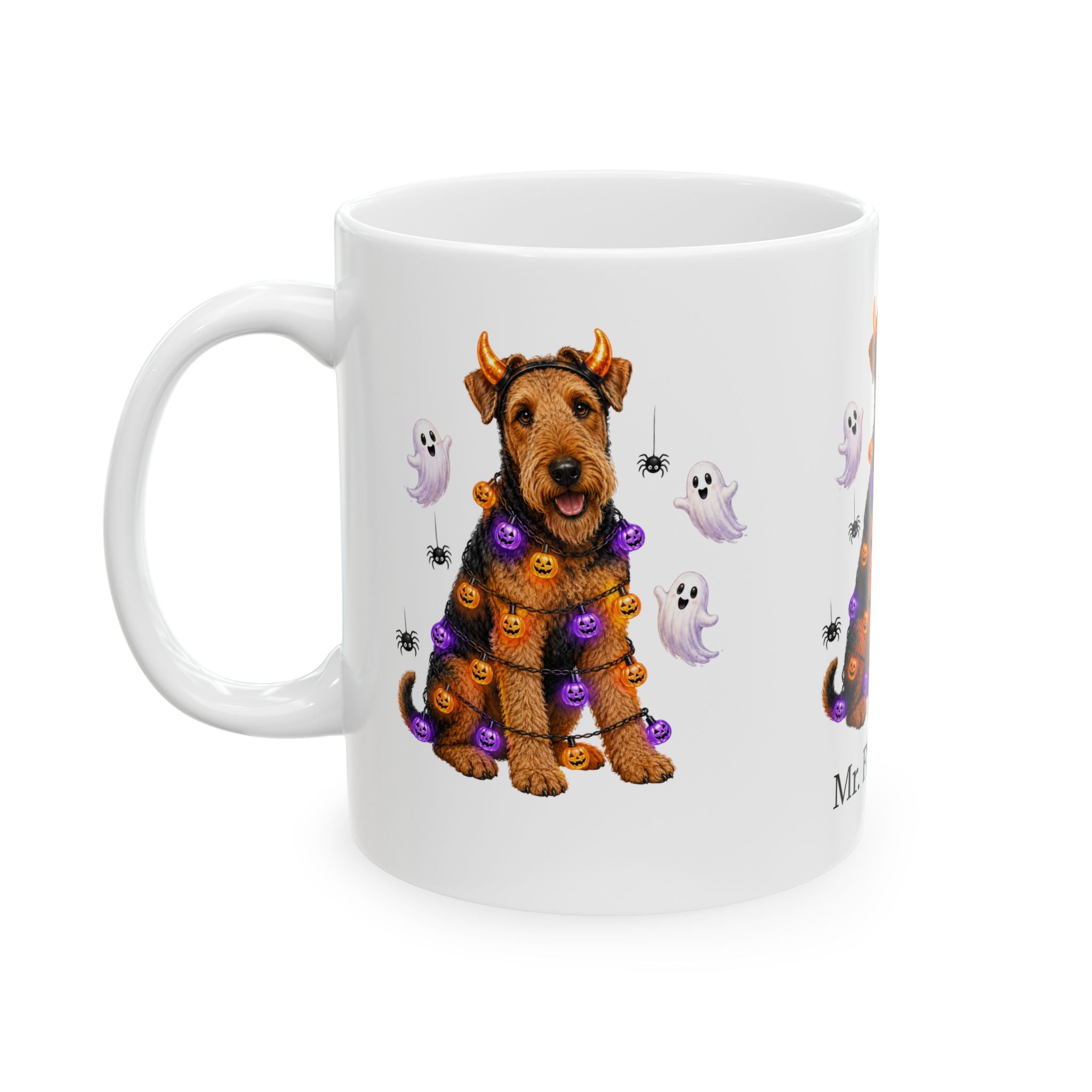 Personalized Airedale Terrier dog ceramic coffee mug with Halloween artwork and custom name — image 2