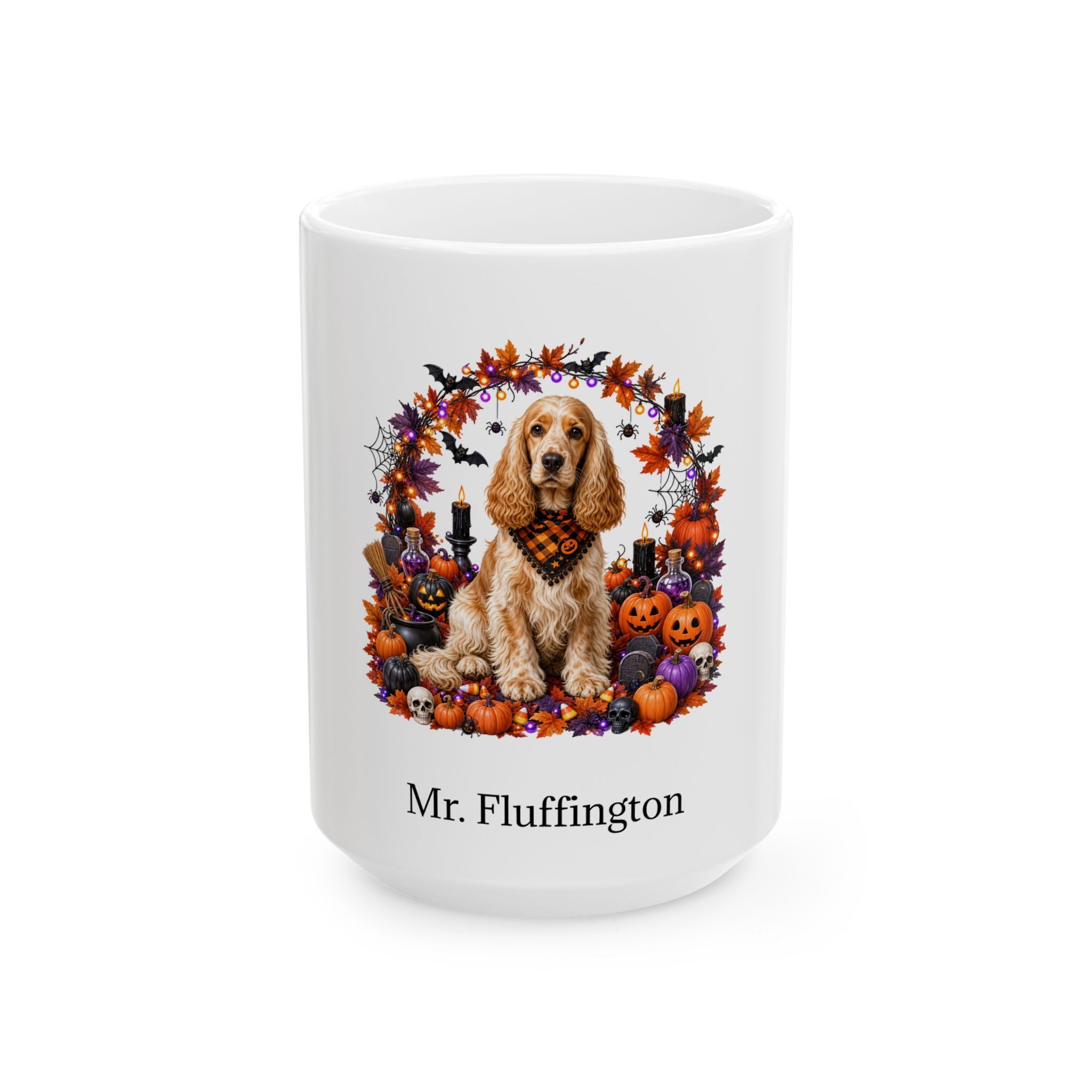 Personalized English Cocker Spaniel dog Halloween mug, 11oz white ceramic, with custom pet name on front