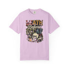 Light purple unisex cotton t-shirt with a distressed Death Before Decaf graphic print.