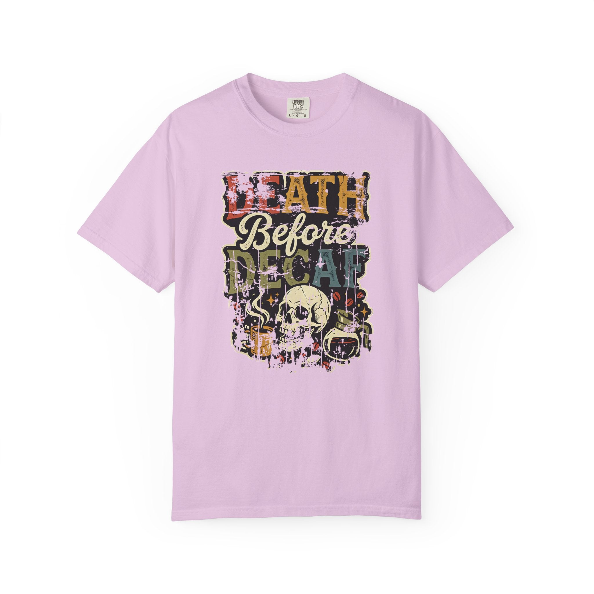 Light purple unisex cotton t-shirt with a distressed Death Before Decaf graphic print.