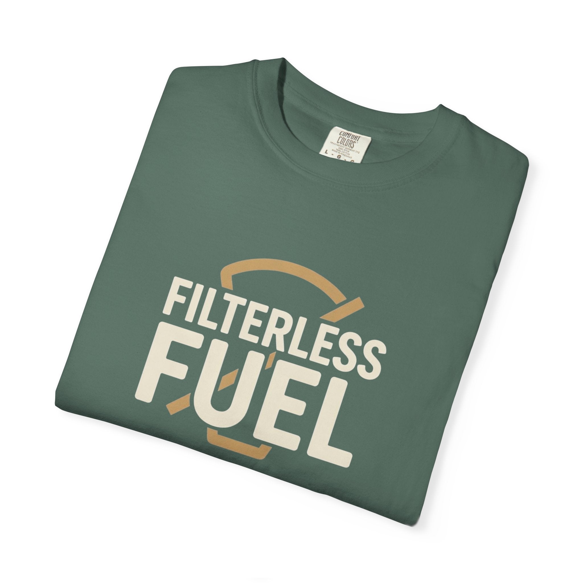 A folded olive green cotton t-shirt featuring the text Filterless Fuel in a retro font.