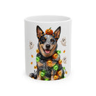 Personalized Australian Cattle Dog Halloween mug, 15oz white ceramic, with custom pet name on front
