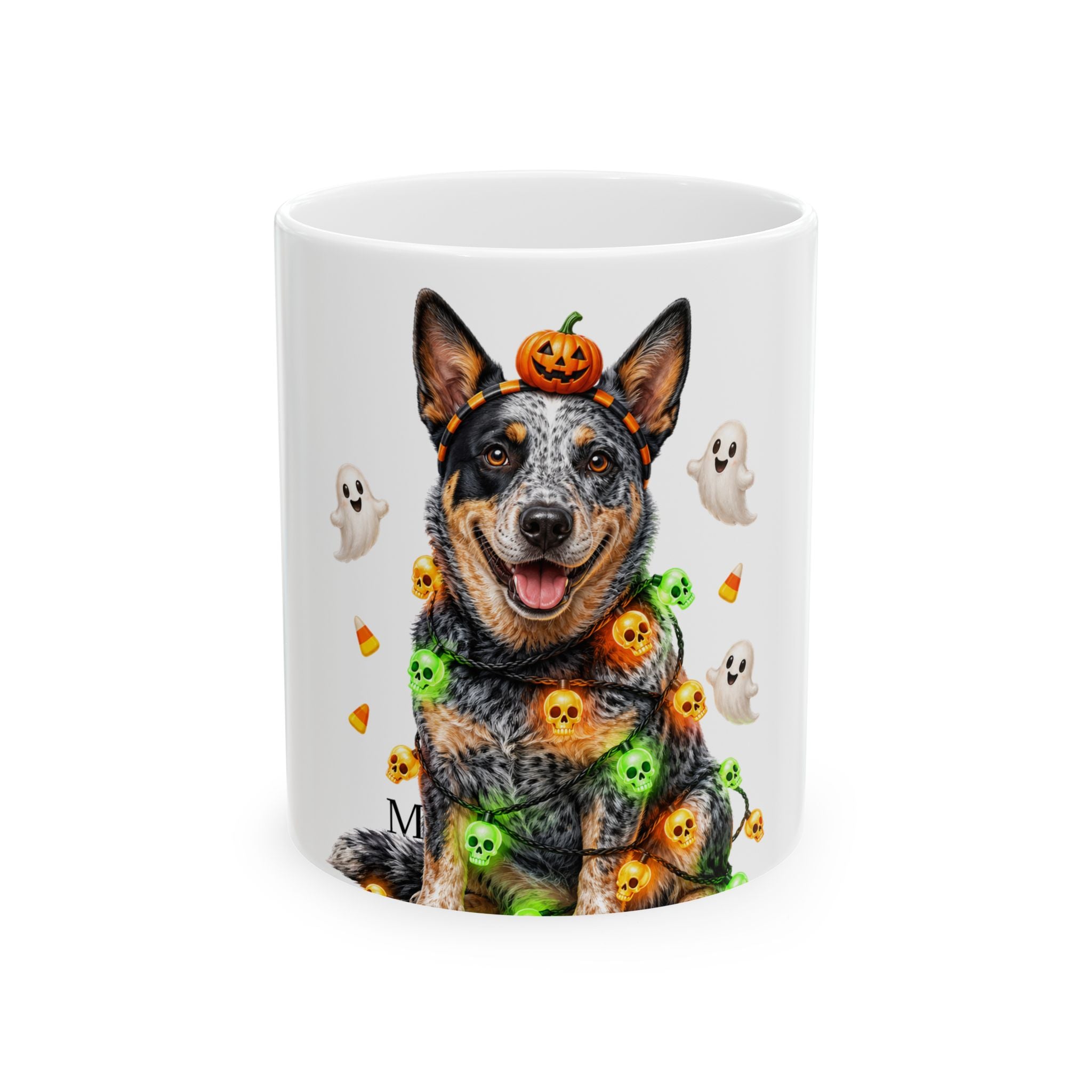 Personalized Australian Cattle Dog Halloween mug, 15oz white ceramic, with custom pet name on front