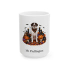 Personalized Pointer dog Halloween mug, 15oz white ceramic, with custom pet name on front