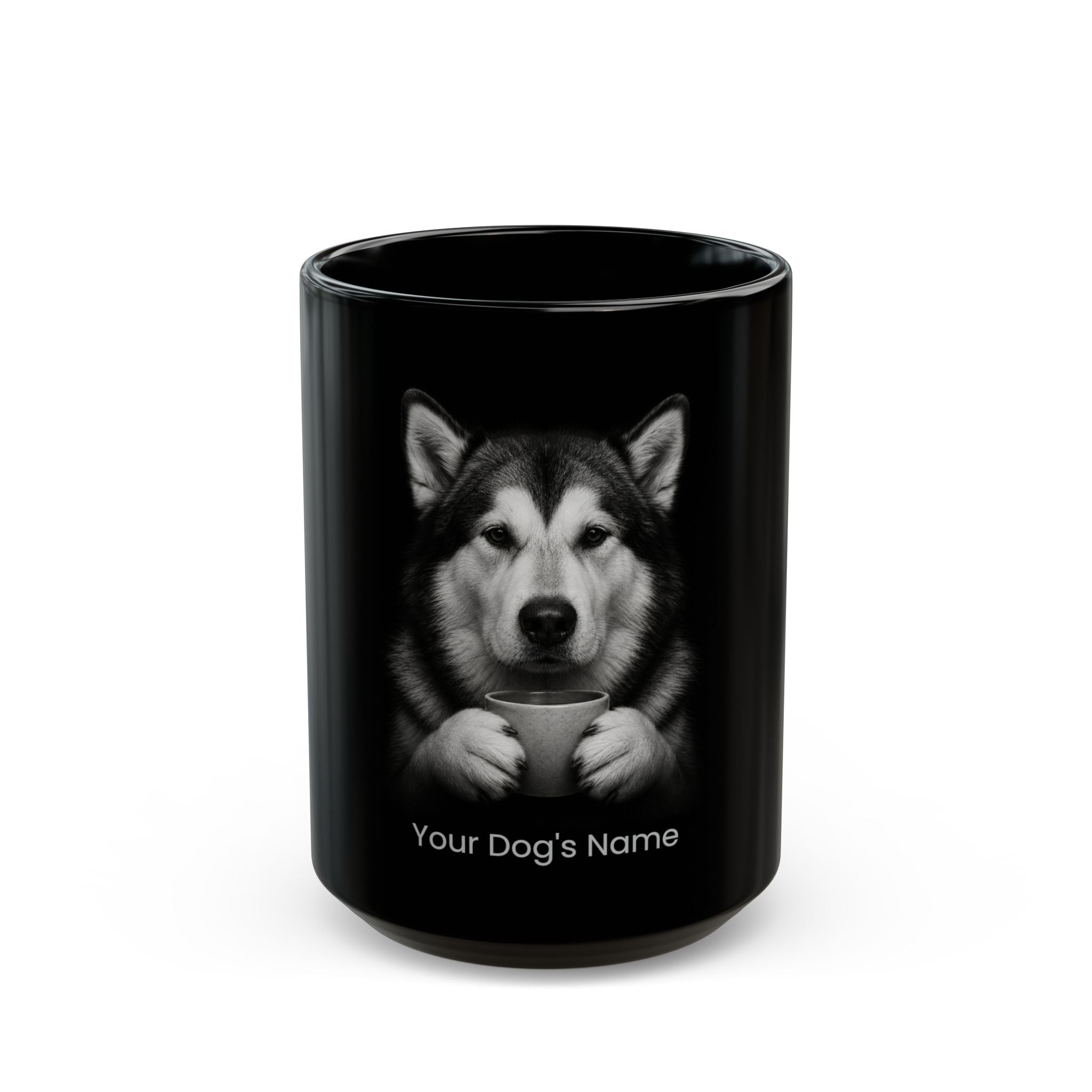 Personalized Alaskan Malamute black ceramic coffee mug with custom dog name