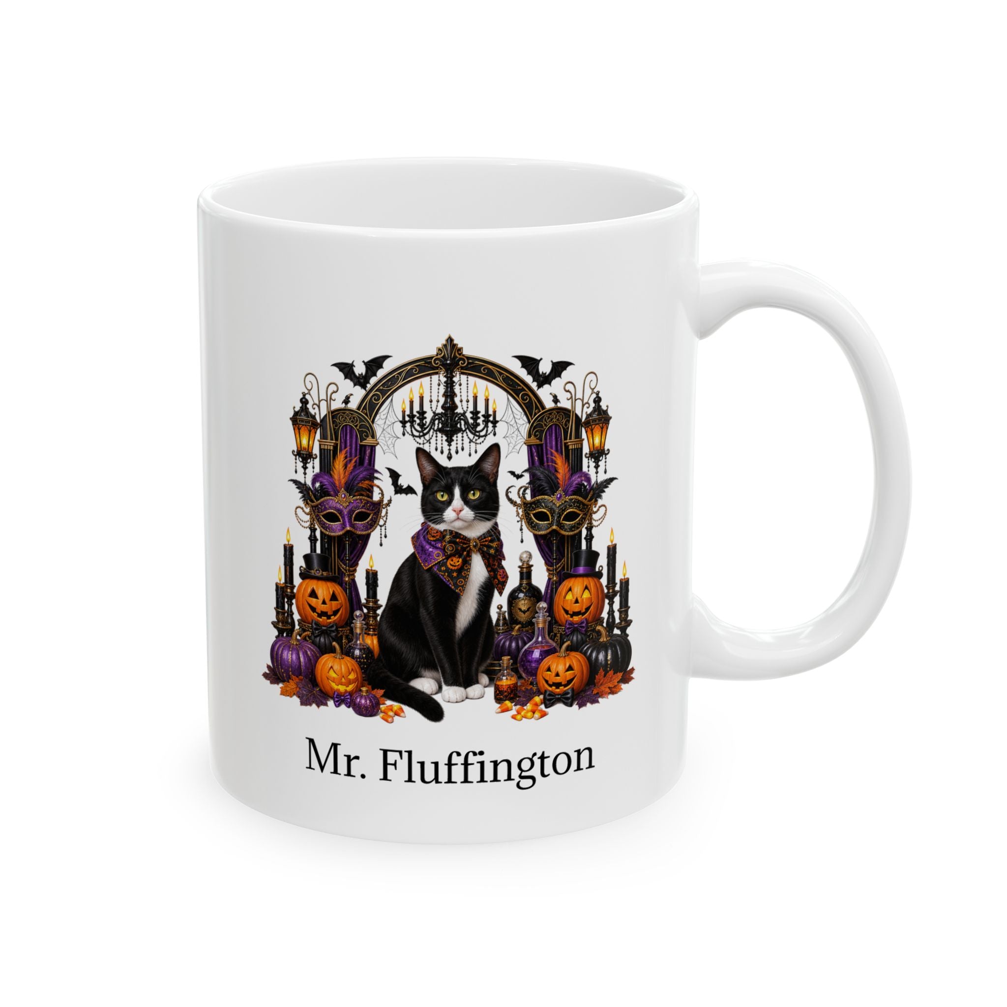 Personalized Tuxedo Cat Halloween Mug – Custom Pet Name Gift