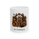 Personalized Maine Coon cat Halloween mug, 11oz white ceramic, with custom pet name on front