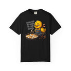 Black t-shirt featuring a sleepy chick in an apron with eggs in a pan and coffee text.