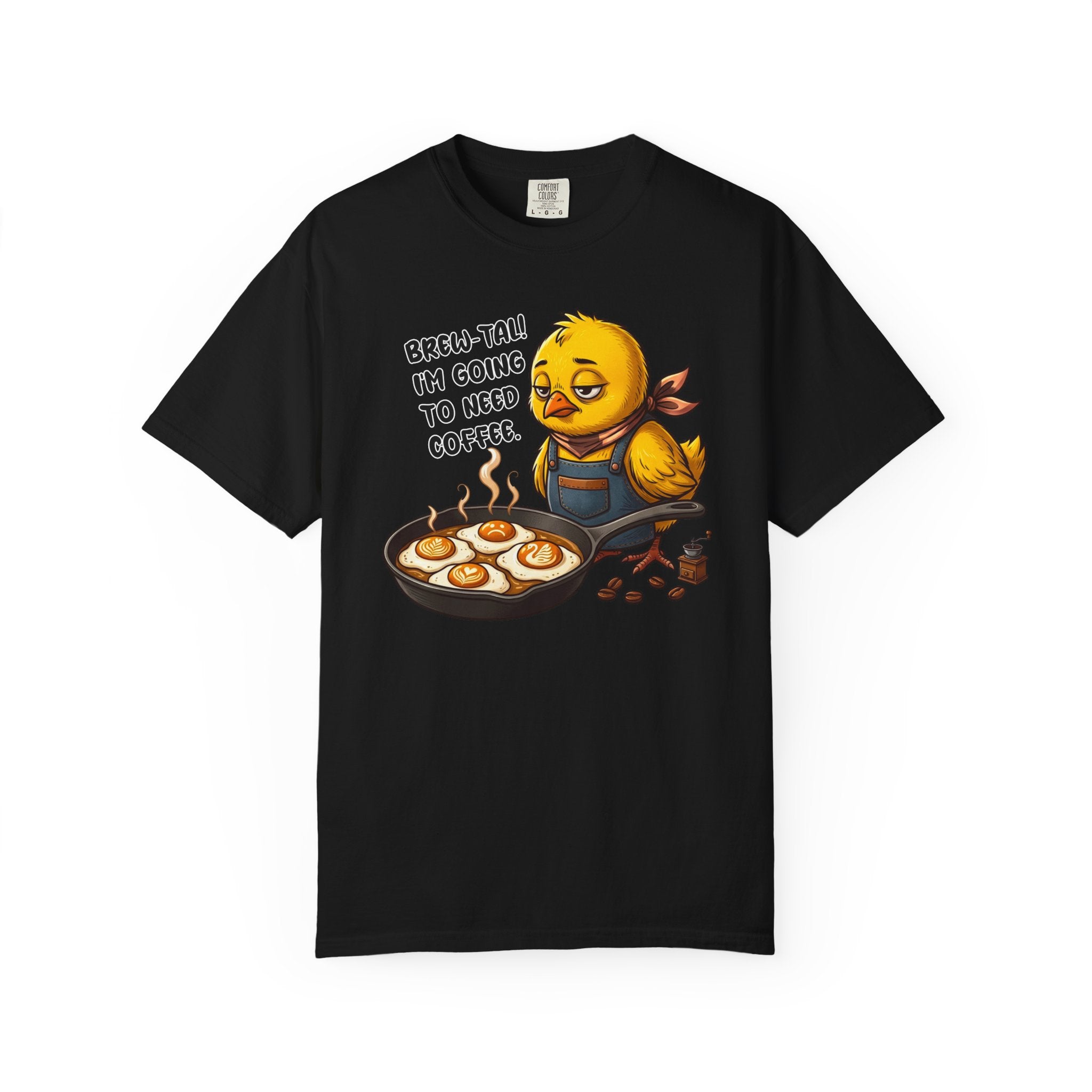 Black t-shirt featuring a sleepy chick in an apron with eggs in a pan and coffee text.