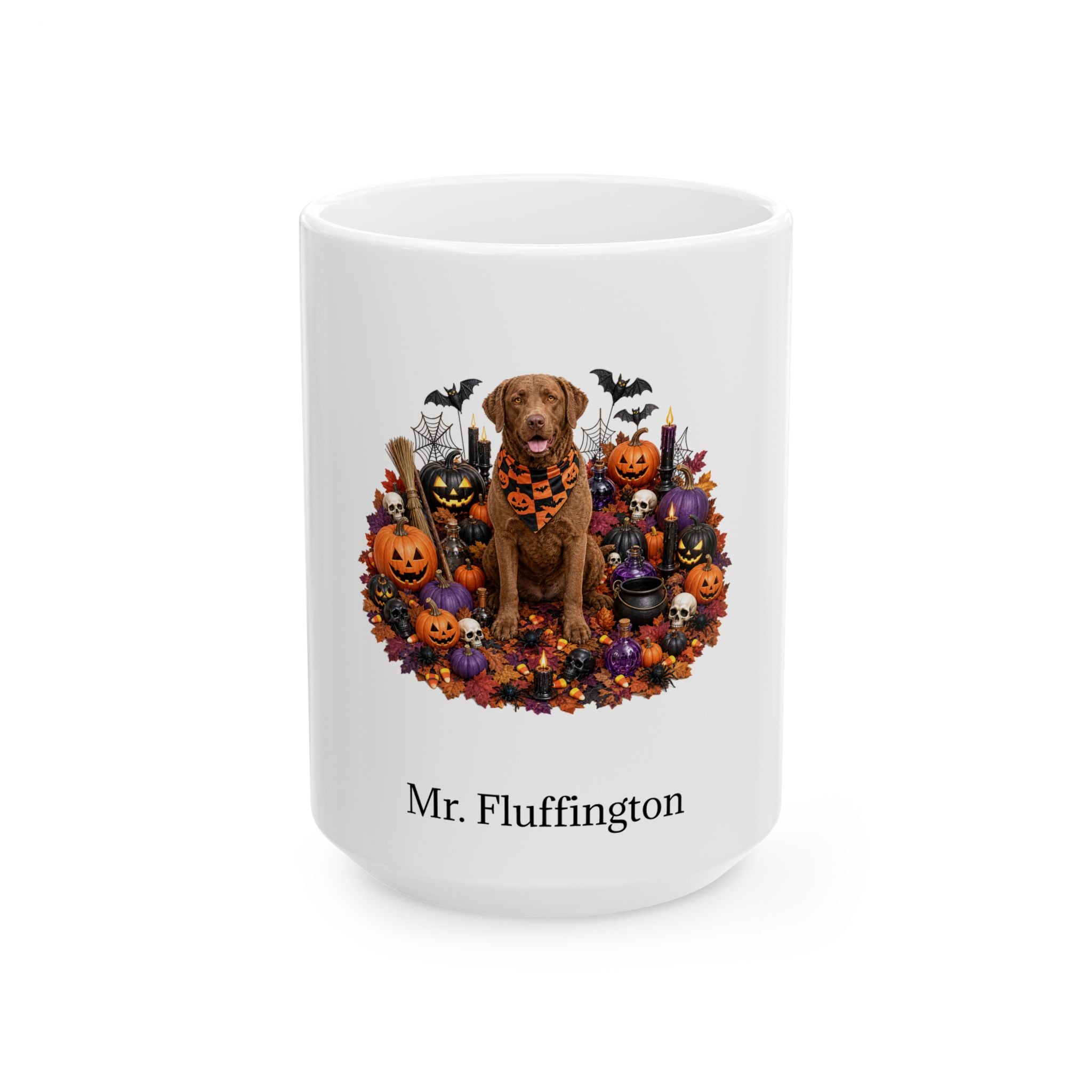 Personalized Chesapeake Bay Retriever dog Halloween mug, 11oz white ceramic, with custom pet name on front