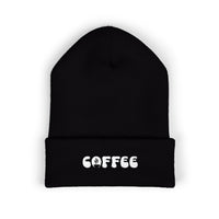 Black cuffed beanie with embroidered "COFFEE" text and a coffee cup graphic.