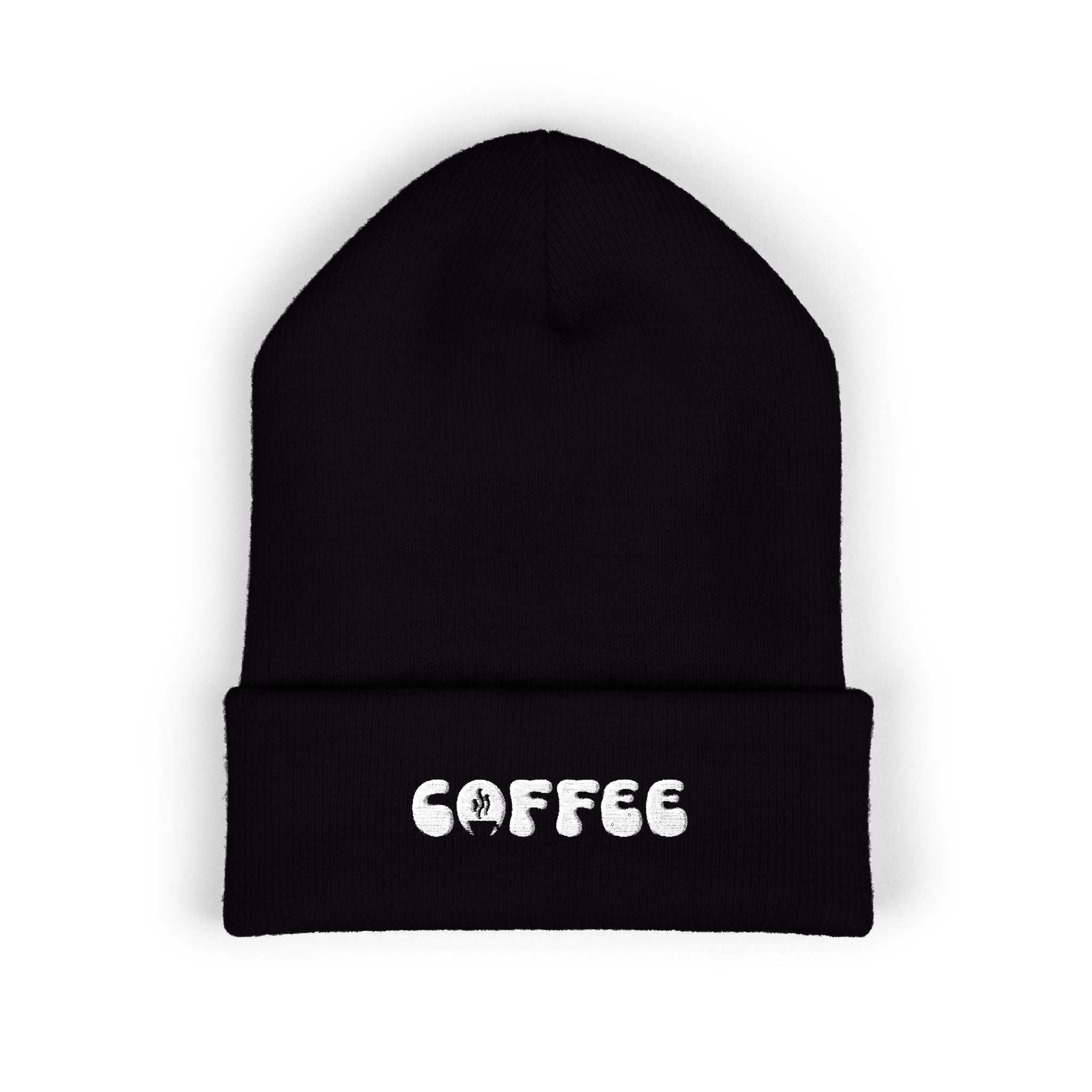 Black cuffed beanie with embroidered "COFFEE" text and a coffee cup graphic.