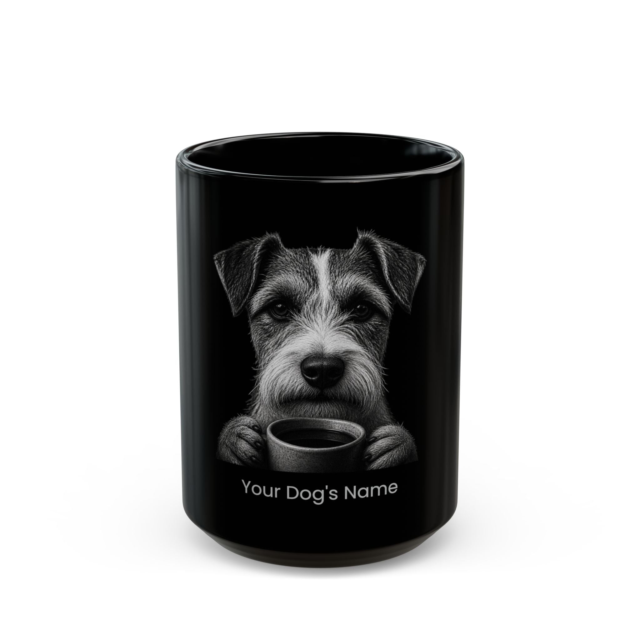 Personalized Russell Terrier black ceramic coffee mug with custom dog name
