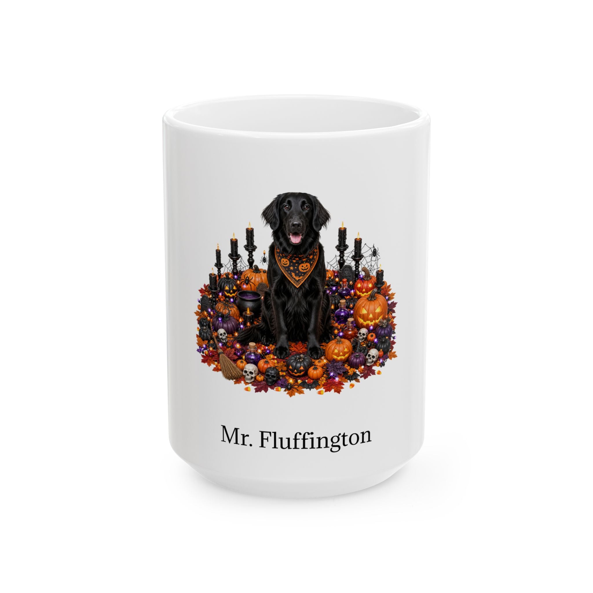 Personalized Flat-Coated Retriever dog Halloween mug, 11oz white ceramic, with custom pet name on front