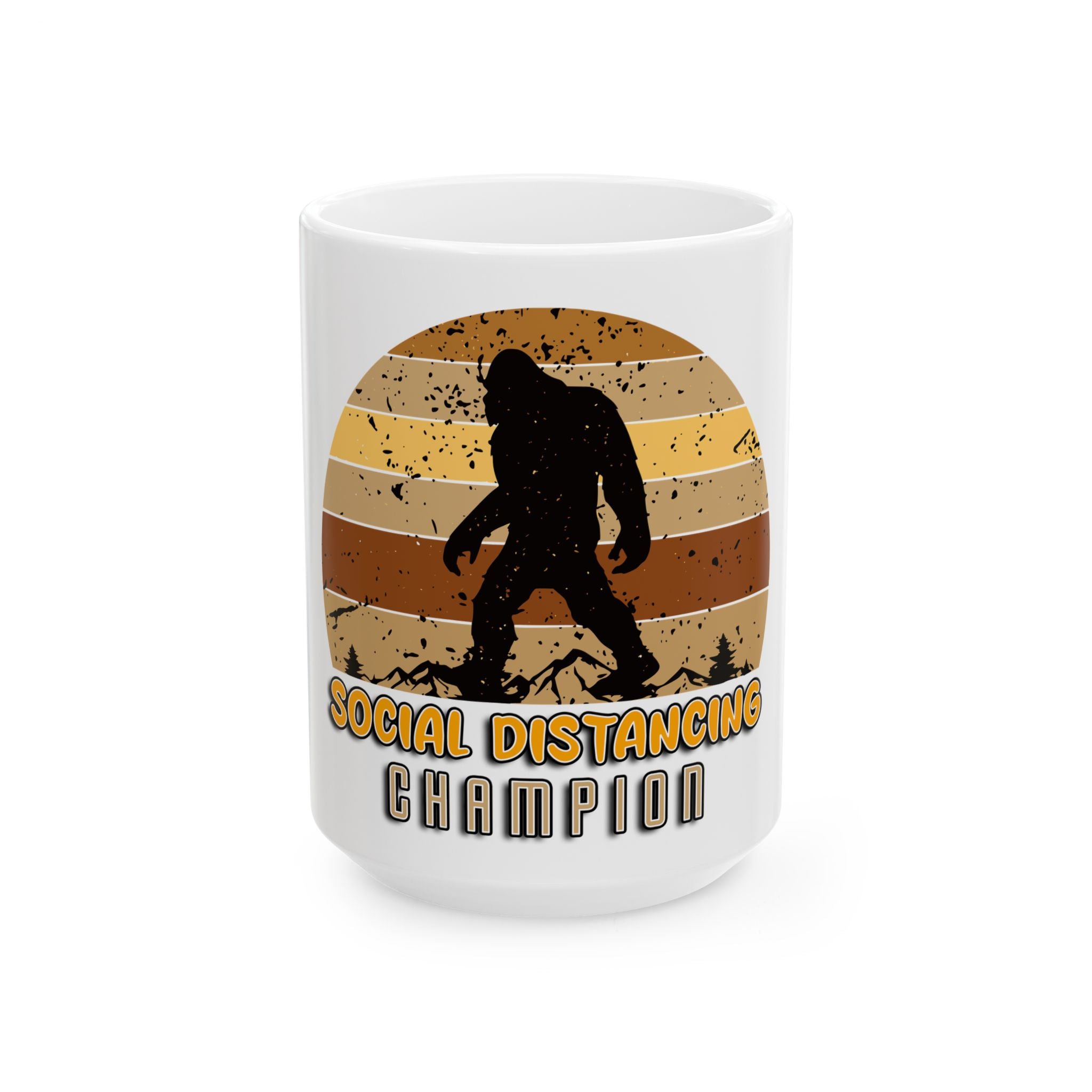 White coffee mug featuring a retro Bigfoot silhouette with the text Social Distancing Champion.
