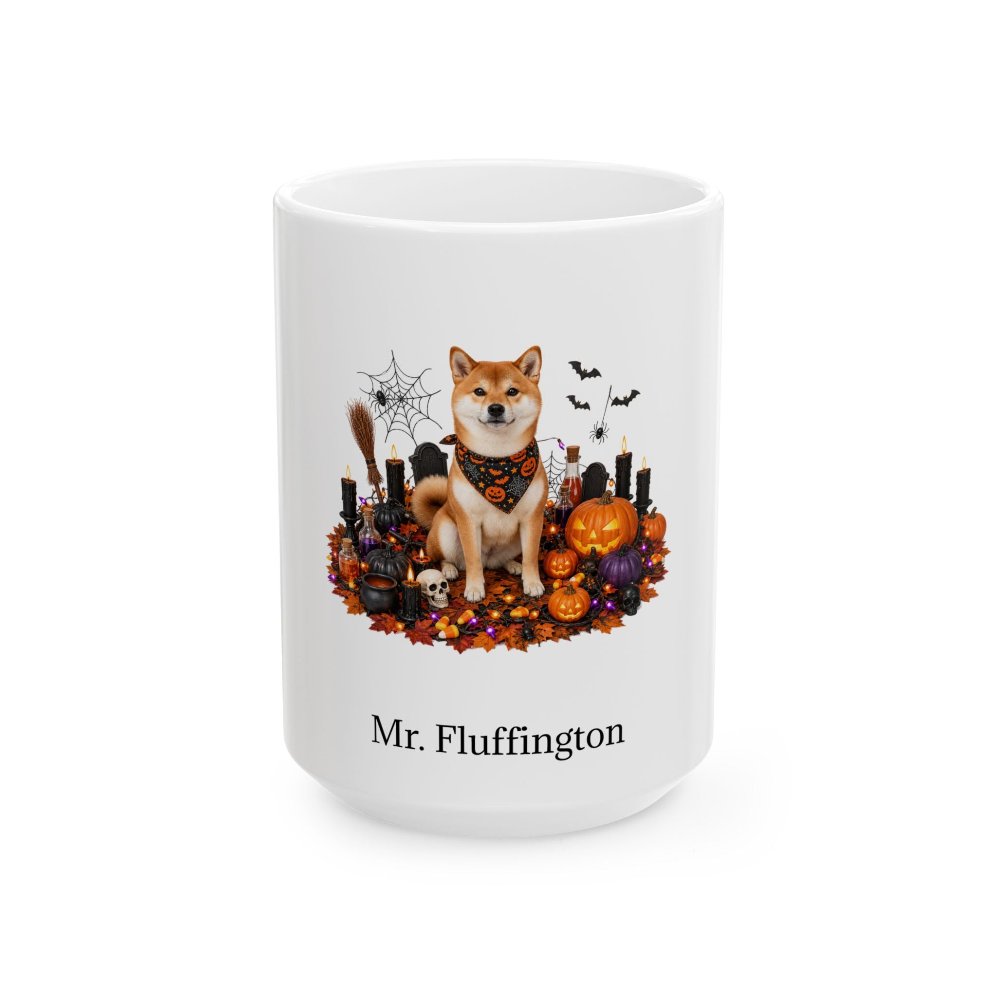 Personalized Shiba Inu dog Halloween mug, 15oz white ceramic, with custom pet name on front