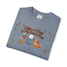 Blue t-shirt with a stick figure petting a dog and holding a coffee mug, text says Coffee and Dogs.