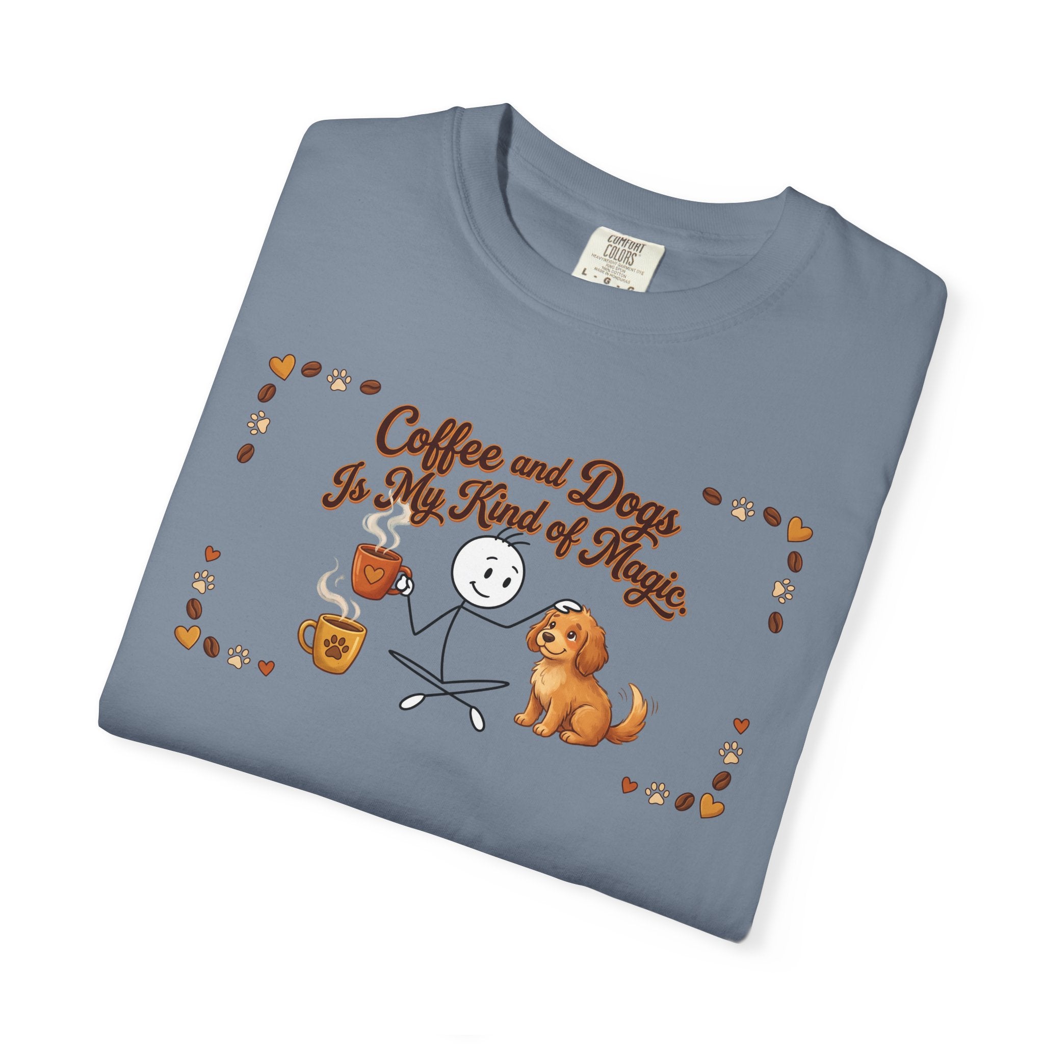 Blue t-shirt with a stick figure petting a dog and holding a coffee mug, text says Coffee and Dogs.