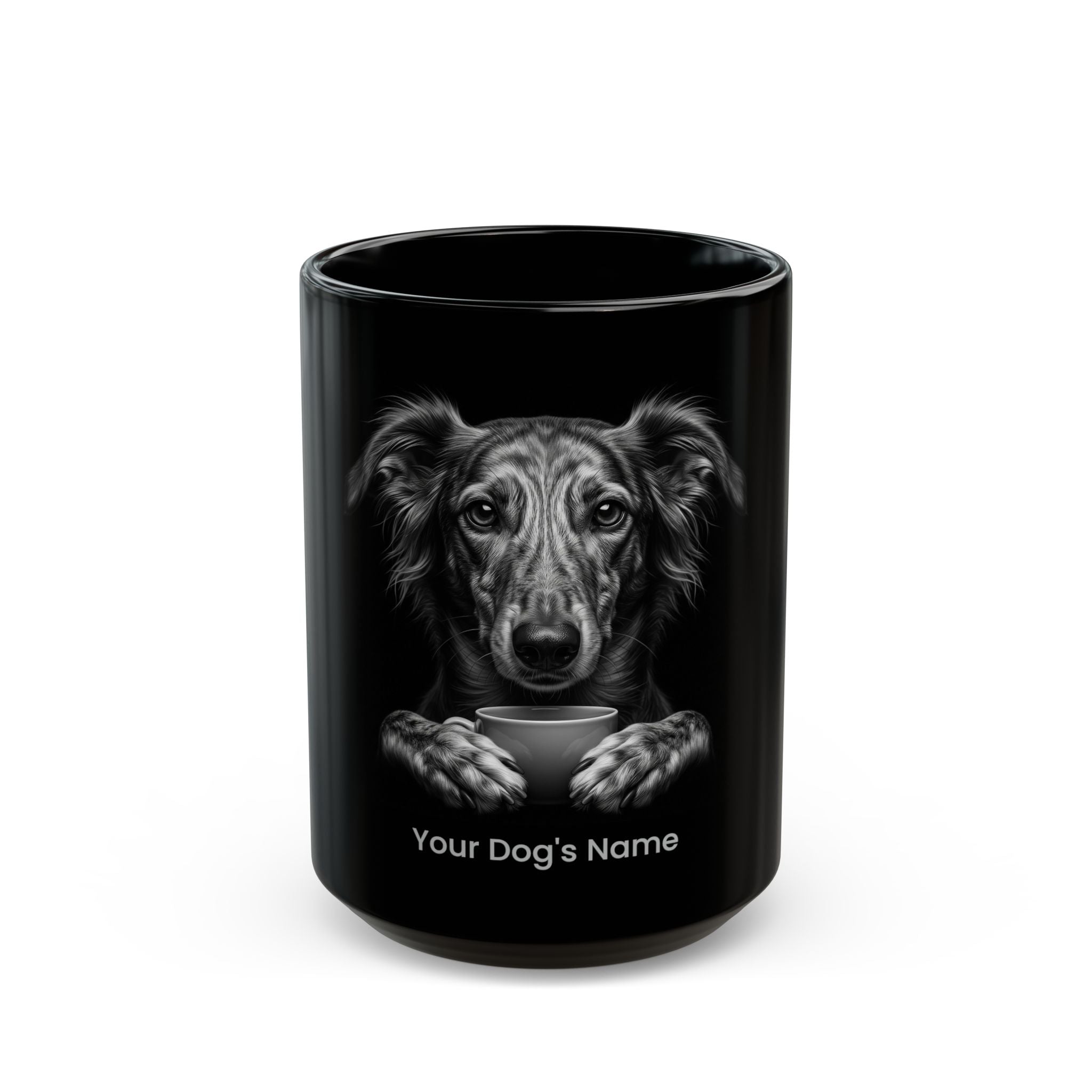 Personalized Vanjari Hound black ceramic coffee mug with custom dog name