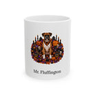 Personalized Boxer dog Halloween mug, 11oz white ceramic, with custom pet name on front