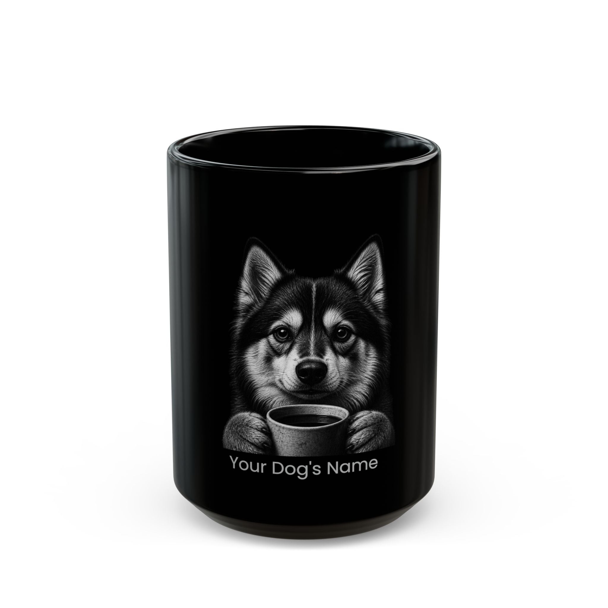 Personalized Alaskan Klee Kai black ceramic coffee mug with custom dog name