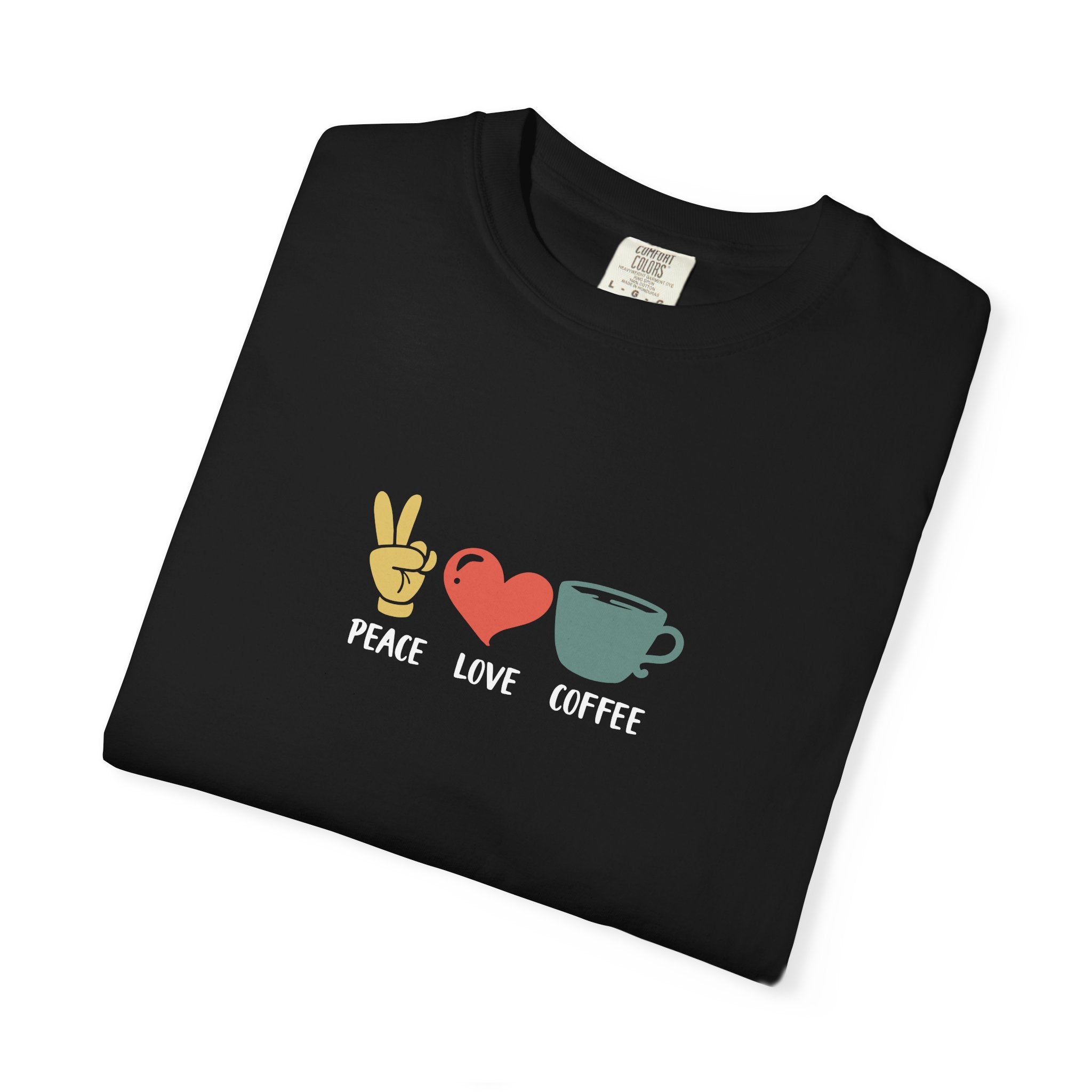 A black heavyweight cotton t-shirt featuring a retro Peace Love Coffee graphic on the front.