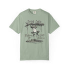 Sage green unisex t-shirt with a graphic of a frog hanging from a branch above an alligator.