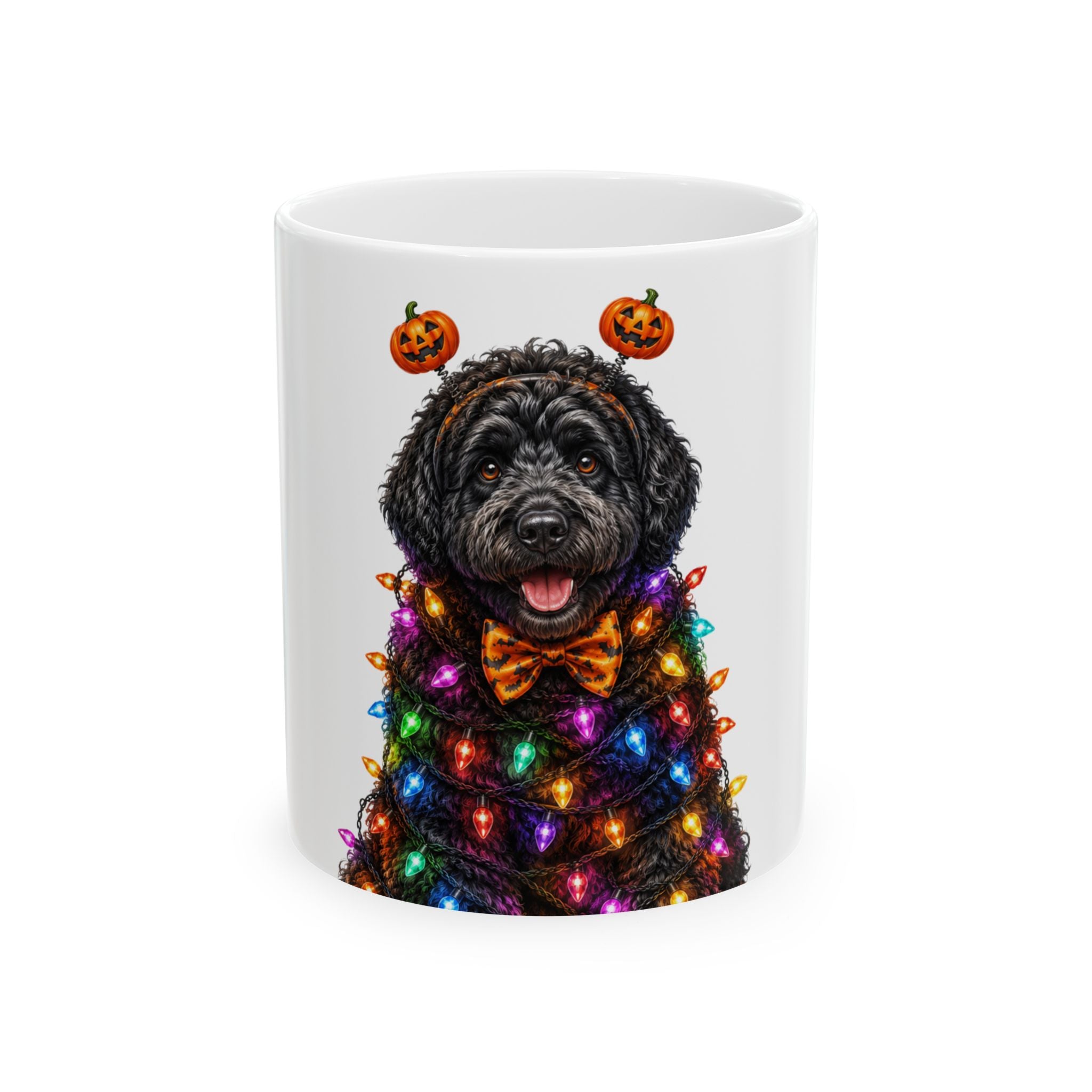 Personalized Black Poodle dog Halloween mug, 15oz white ceramic, with custom pet name on front