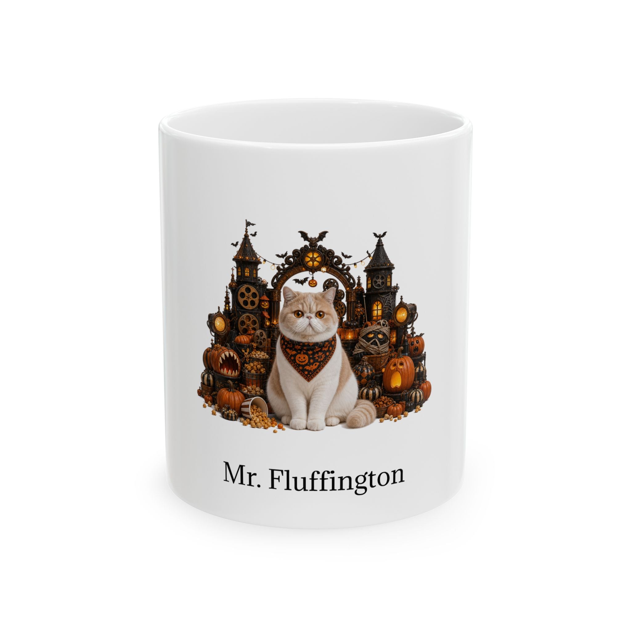 Personalized Exotic Shorthair cat Halloween mug, 11oz white ceramic, with custom pet name on front