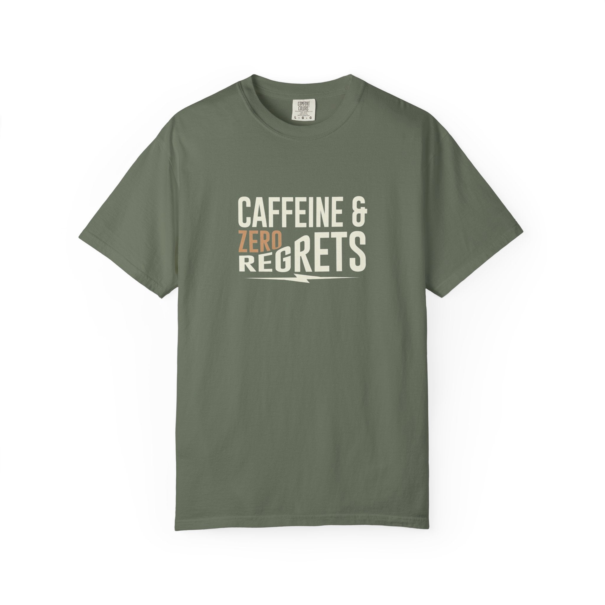 Caffeine & Zero Regrets T-Shirt - Funny Coffee Pun Tee - Sarcastic Barista Shirt - Minimalist Aesthetic Graphic Top - Premium Comfort Colors 1717